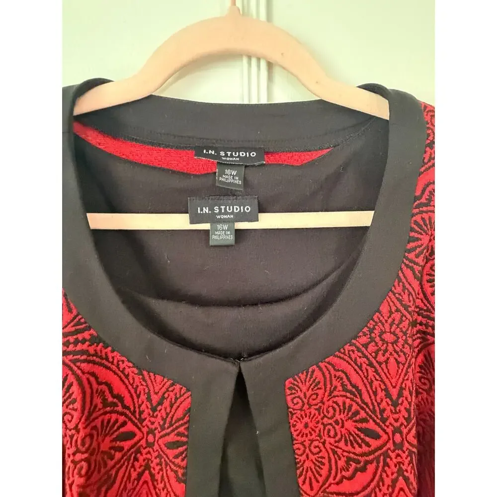I.N. Studio Women's Dress Suit 16W Red Black Medallion Cropped Jacket Sheath Set